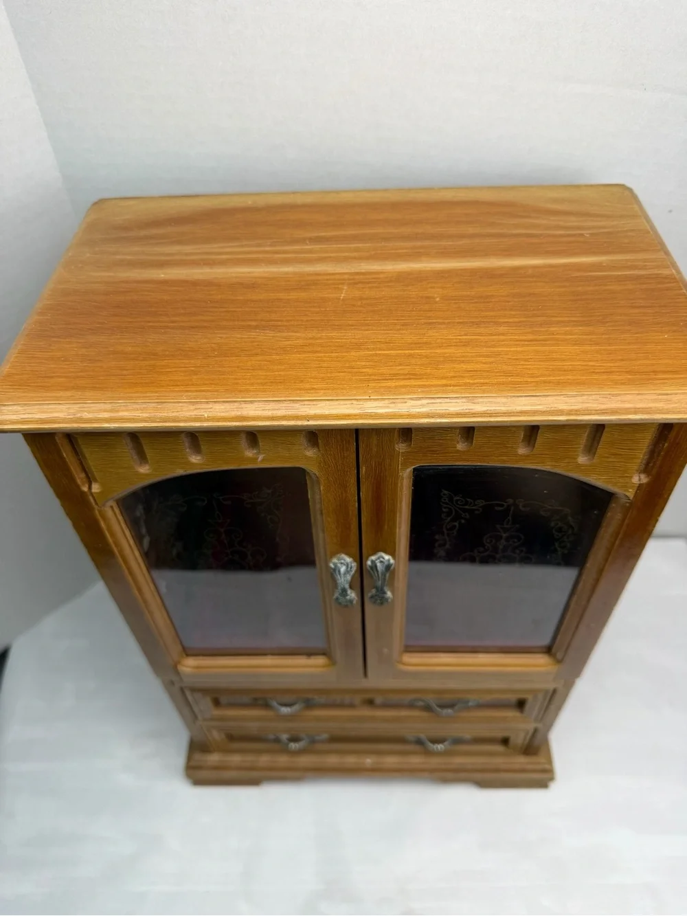 Vintage Wood 2 Door Jewelry Box Armoire Style Cabinet  Organizer &  Drawer